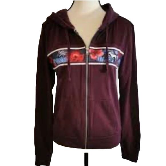 Vintage Y2k 1990's PINK Burgandy Floral Dog Long Sleeve Full Zip Hoodie Medium - Picture 2 of 16